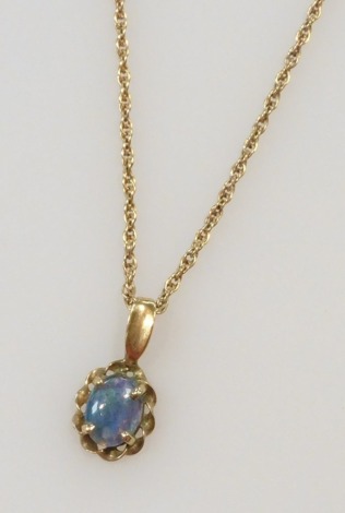 A 9ct gold and opal doublet pendant, on a fancy link neck chain, on a bolt ring clasp, stamped 9ct, 3.2g.