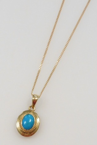 A turquoise set pendant, in yellow metal, on a 9ct gold curb link neck chain, 3.6g.