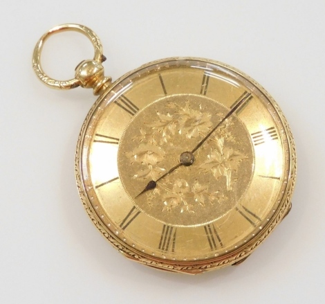 A late 19thC Continental lady's pocket watch, open face, key wind, engraved foliate dial with chapter ring bearing Roman numerals, the case in unmarked yellow metal, 38g all in.