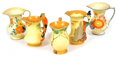 Three Burleigh ware pottery jugs, each with a figure or animal moulded handle, the largest 20cm high, together with two Beswick pottery jugs, each of baluster form, decorated with multicoloured flowers, 20cm high.