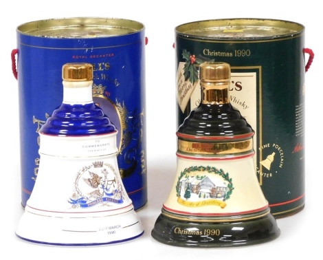 Two Bells Scotch whisky decanters, for Christmas 1990 and 23rd March 1990 to commemorate the birth of Princess Eugenie, boxed, with contents.