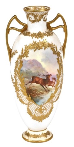 A late 19thC Royal Doulton porcelain two handled vase, the front decorated with a scene of a stag leaping over a river beside hunting dog, signed J H Plant, within a gilt coloured border decorated with flowers and leaves, printed marks, 25cm high.