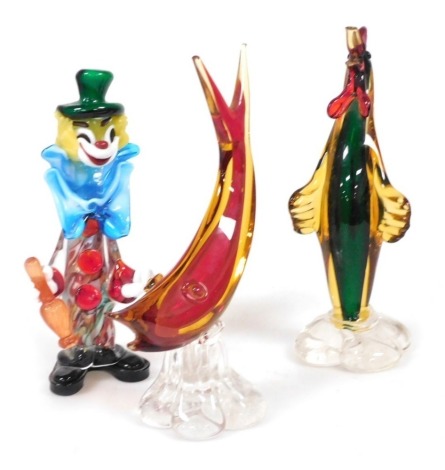 Three Murano glass sculptures, modelled as a clown, 24.5cm, cockerel (AF), 26cm high, and a fish, 26cm high.