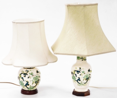 Two Masons Chartreuse pattern ironstone table lamps, of baluster form, 26cm high, and globular form, 44cm high, each with shades and mounted on hardwood bases.