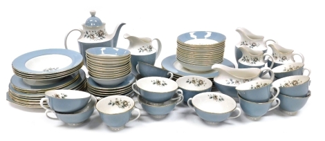 A Royal Doulton Rose Elegans pattern porcelain part tea and dinner service, to include four graduated jugs, soup bowls, breakfast bowls, dinner plates, teacups and saucers, etc.