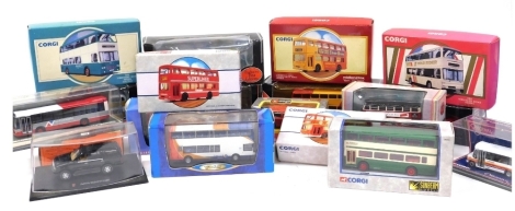 A group of diecast cars, to include Corgi Metrobus Northern Superliner, Corgi The Yorkshire Rider Series Gold Rider, exclusive first editions, Stagecoach and Manchester, Burago, etc., all boxed. (2 trays)