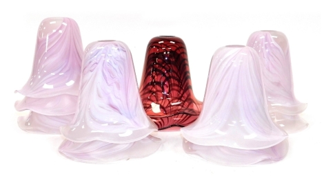 A group of Adrian Sankey blown glass light shades, comprising nine in pink and two in cranberry glass, each signed.