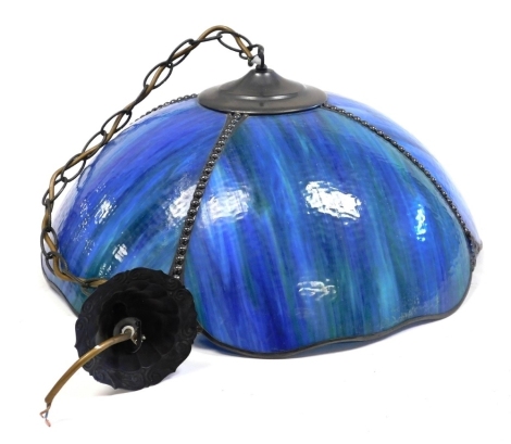 An Art Nouveau style light fitting, each with a four division petallated glass shade, in flashes of blue and green, 47cm diameter, 82cm drop.