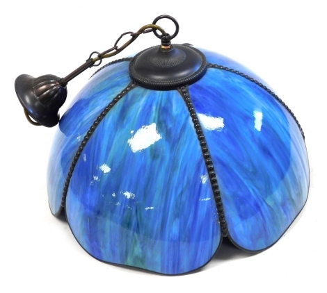 An Art Nouveau style light fitting, each with a four division petallated glass shade, in flashes of blue and green, 38cm diameter, 53cm drop.