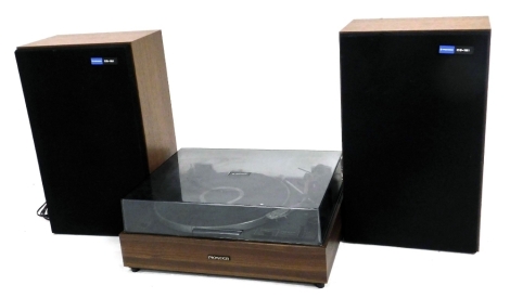 A Pioneer belt drive stereo turntable, model number PL-12D, together with a pair of Pioneer speakers, model number CS-161. Buyer Note: WARNING! This lot contains untested or unsafe electrical items. It is supplied for scrap or reconditioning only. TRADE O