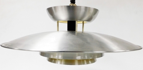 A mid century hanging ceiling light, in stainless steel, of circular graduated form, the underside in alternate white and yellow, 47cm diameter, 60cm drop.