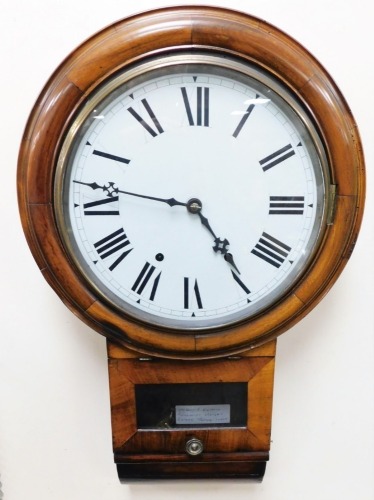 A Victorian mahogany cased drop dial wall clock, with Roman numeric dial, eight day movement, with key and pendulum.