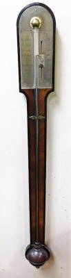 A George III J. Bleuler London mahogany and ebony stick barometer, with brass plate and ball to base, 96cm high.