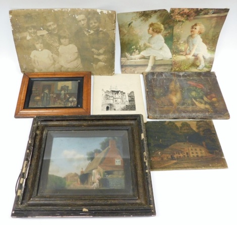 A group of pictures, to include still life, oil on canvas, unsigned, 28cm x 35cm, rural village scene with figures, oil on board, unsigned, 20cm x 30cm, etc. (1 box)