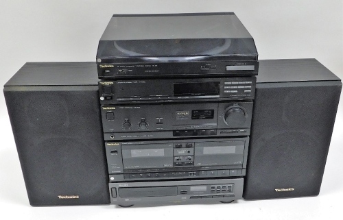 A Technics sound system, comprising turntable SL-J90 stereo tuner, ST-X930L, integrated amplifier, double cassette deck, together with a Philips compact disc player CD162, and a pair of Technics speakers.