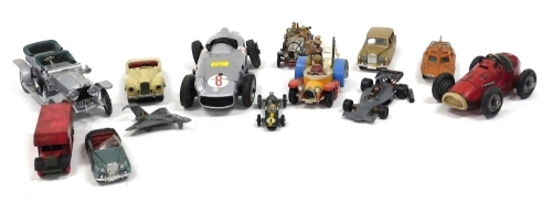 Diecast and tinplate toys, including a Schuco Grand Prix Racer 1070, Corgi Toys Chitty Chitty Bang Bang, Corgi Comics Popeye, Startex Sunbeam Alpine, and a Franklin Mint Precision models 1907 Rolls Royce Silver Ghost. (a quantity)