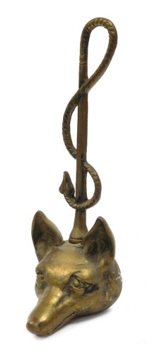 An early 20thC brass doorstop, cast as a fox's head, with a riding crop handle, 38cm high.