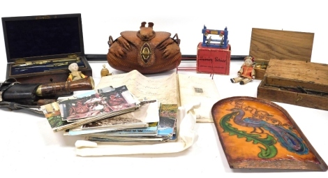 Assorted collectables, including drawing instruments, and gold scales, boxed, an enamelled copper plaque decorated with a phoenix, kukri, armadillo skin handbag, and an ebony walking stick with an antler handle and silver collar. (a quantity)