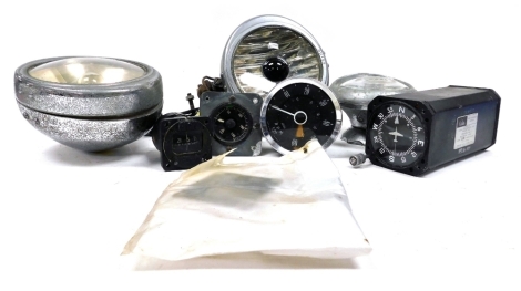 Motoring and aeronautical collectables, including a Jaeger speedometer, Cessna directional gyro, Lucas and other car lamps. (a quantity)