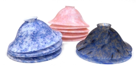 Eleven retro mid century style glass lamp shades, five pink, four mottled pink and blue, and two blue and black.