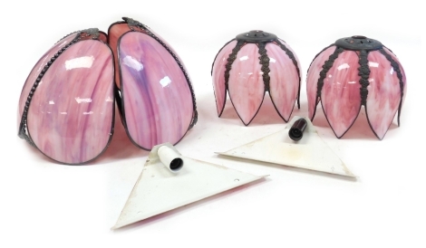 A pair of early 20thC style pink opalescent tulip form ceiling lights, 19cm wide, together with a pair of pink opalescent demi lune wall lights, 28cm wide. (4)