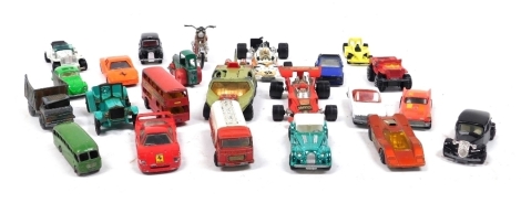 Matchbox, Corgi and other diecast sports cars, vintage lorries, buses, etc., play worn.