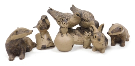 Poole buff pottery figures, comprising Sandpiper, limited edition 184/1000, designed by Barbara Linley Adams, a robin on a flowerpot, two field mice, two badgers, and a rabbit. (7)