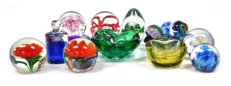 A group of glass paperweights and dishes, variously decorated. (a quantity)