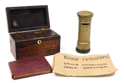 A Victorian rosewood tea caddy, of twin division rectangular form, with mother of pearl key escutcheon, 19cm wide, a brass Post Office Savings Bank, and a 1940s autograph book. (3)