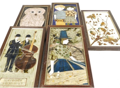 Five Maw & Company tile pictures, framed, comprising an owl, finches, 'Street Musicians', boy and girl with a cat, and a lady in traditional Welsh costume.