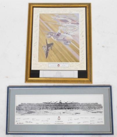 Photographic print of The 617 Squadron "The Dam Busters", facsimile signed by crew, 21cm x 66cm, together with A Last Tornado Delivery to The RAF presentation picture, bearing facsimile signatures, 42cm x 32cm.