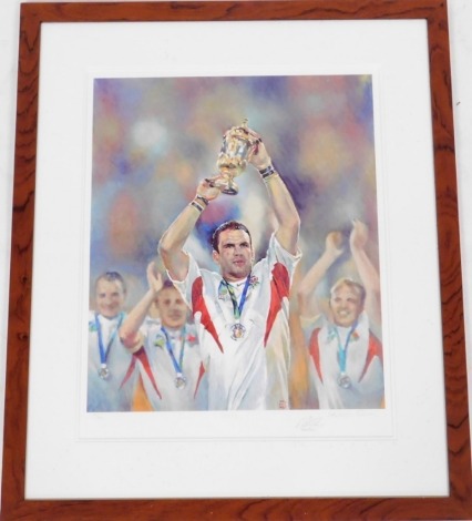 After Sherree Valentine Daines. Destiny, Rugby World Cup, signed limited edition print no. 173/500, signed by the artist and Martin Johnson, 53cm x 42cm.