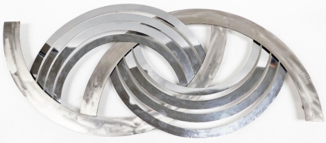 A modernist metal wall hanging, formed as semi overlapping semi circles, 103m wide.