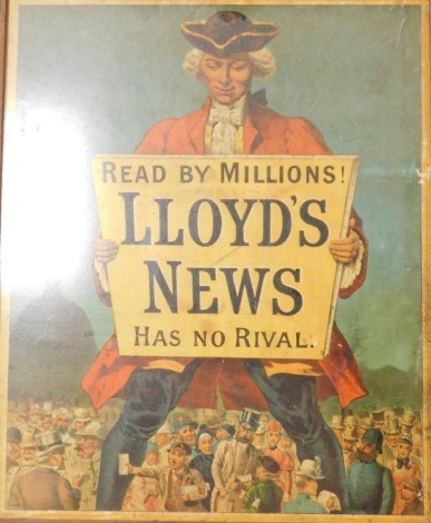 A Victorian advertising print for Lloyd's News, Read By Millions!, Has No Rival, framed and glazed, 38cm x 31cm.