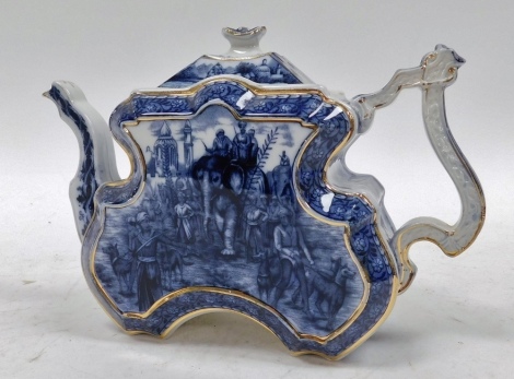 A late 19thC Burgess and Leigh aesthetic style blue and white pottery teapot, decorated with reserves of Indian figures and elephants, against a floral ground, registered shape no. 281720, RD285771, printed and impressed marks, 28cm wide.