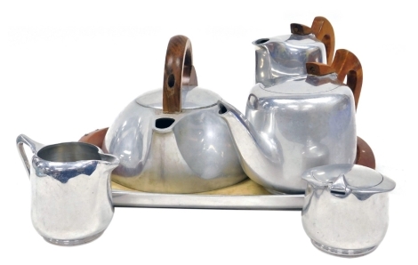 A Picquot ware four piece tea set, together with a twin handled tray and a kettle. (6)