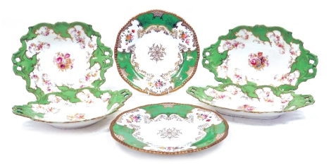 A late 19thC Coalport porcelain part dessert service, painted and printed with flowers, gilt heightened, against an apple green ground, comprising a pair of square dishes and a pair of oval dishes, together with a pair of Coalport plates, similarly decora