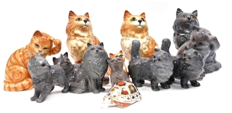 A group of Beswick pottery cats and kittens, grey and tabby, together with a Royal Crown Derby Imari tortoise paperweight. (a quantity)