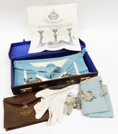 A group of Masonic regalia, tan leather case named to Brother Daniel Davis, Medway Lodge no.1678, a Masonic admissions certificate, contained in an outer case.