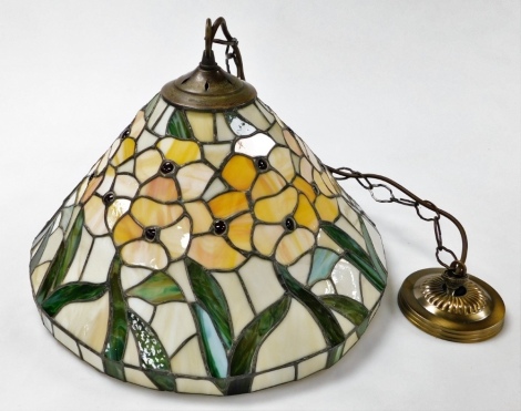 A Tiffany style ceiling light, decorated with a band of flowers and leaves, 44cm wide.