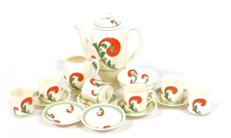 A Royal Doulton porcelain part coffee service, circa. 1930s, decorated with scrolling leaves, pattern no. V1291, printed and painted marks, comprising coffee pot, cream jug and sugar bowl, six demi tase coffee cans and saucers.