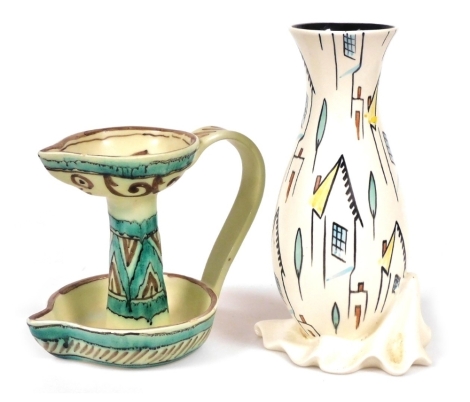 A 1950s Beswick pottery vase, designed by Albert Hallam, decorated with stylised houses and trees, shape no. 1343, impressed and printed marks, 25.5cm high, together with a pottery jug, painted with a stylised face, 17cm high. (2)