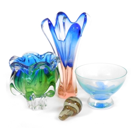 A Caithness glass bowl, decorated centrally with a blue flower, 18cm wide, a Josef Hospodka pink glass vase, 31cm high, Sklarna Chribska green to blue glass vase, 19cm high, and a Mdina glass stopper. (4)