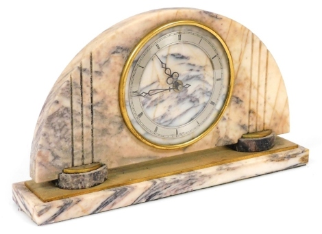 A mid Century Smiths marble mantel clock, the circular dial with silvered chapter ring bearing Roman numerals, clockwork movement, the case of demi lune form, raised on circular feet and a rectangular stepped base, 30.5cm wide.