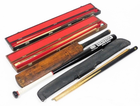 A Riley snooker cue, Pin Point snooker cue, further cue, a Stateside official soft ball bat, and an Indian Kashmir willow cricket bat, size 6. (5)