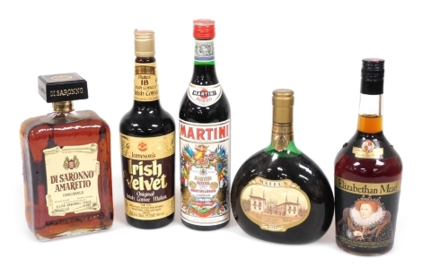 Alcohol, comprising Elizabethan mead, Jameson's Irish Velvet original coffee maker, Martini Rosso, Mateus Rose`, and Di Saronno Amaretto. (5)