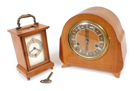 An Empire beech cased mantel clock, rectangular white dial with silvered chapter ring bearing Arabic numerals, subsidiary seconds dial, with key, 15cm high, together with a Smiths mid century oak cased mantel clock, circular dial with brown chapter ring b