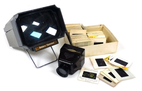 A Focal Magnum viewer series 2, Zadiix JR Bakelite slide viewer, and assorted slides.