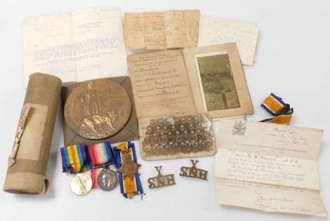 A group of WWI war medals, named to PTE. W. Broadhead, South Nottinghamshire Hussars, 1989, subsequently Machine Gun Corps (Infantry) 100th BN, 164446, killed in action on 4th November 1918, aged 21 years old, commemorated at Busigny Communal Cemetery Ext