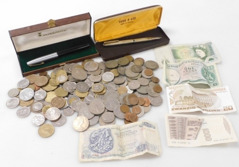 English and European coins, and bank notes, together with a Yard-A-O-Led silver propelling pencil, cased, and a Papermate fountain pen, cased.